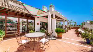 Spacious tiled terrace with classic wrought iron dining table, lush potted plants, and wooden-framed sliding doors leading to the interior.