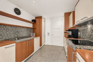 Contemporary kitchen design with sleek cabinetry and granite backsplash