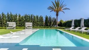 Luxurious private pool with shallow entry area, surrounded by manicured lawn, lounge beds, canopy beds, and palm trees.
