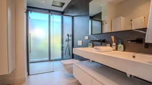 Modern bathroom with double sink, dark marble-effect wall, walk-in shower with frosted glass door, and black matte fixtures.