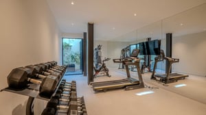 Private home gym with mirrored wall, dumbbells, treadmill, stationary bike, and view into a bamboo garden courtyard.